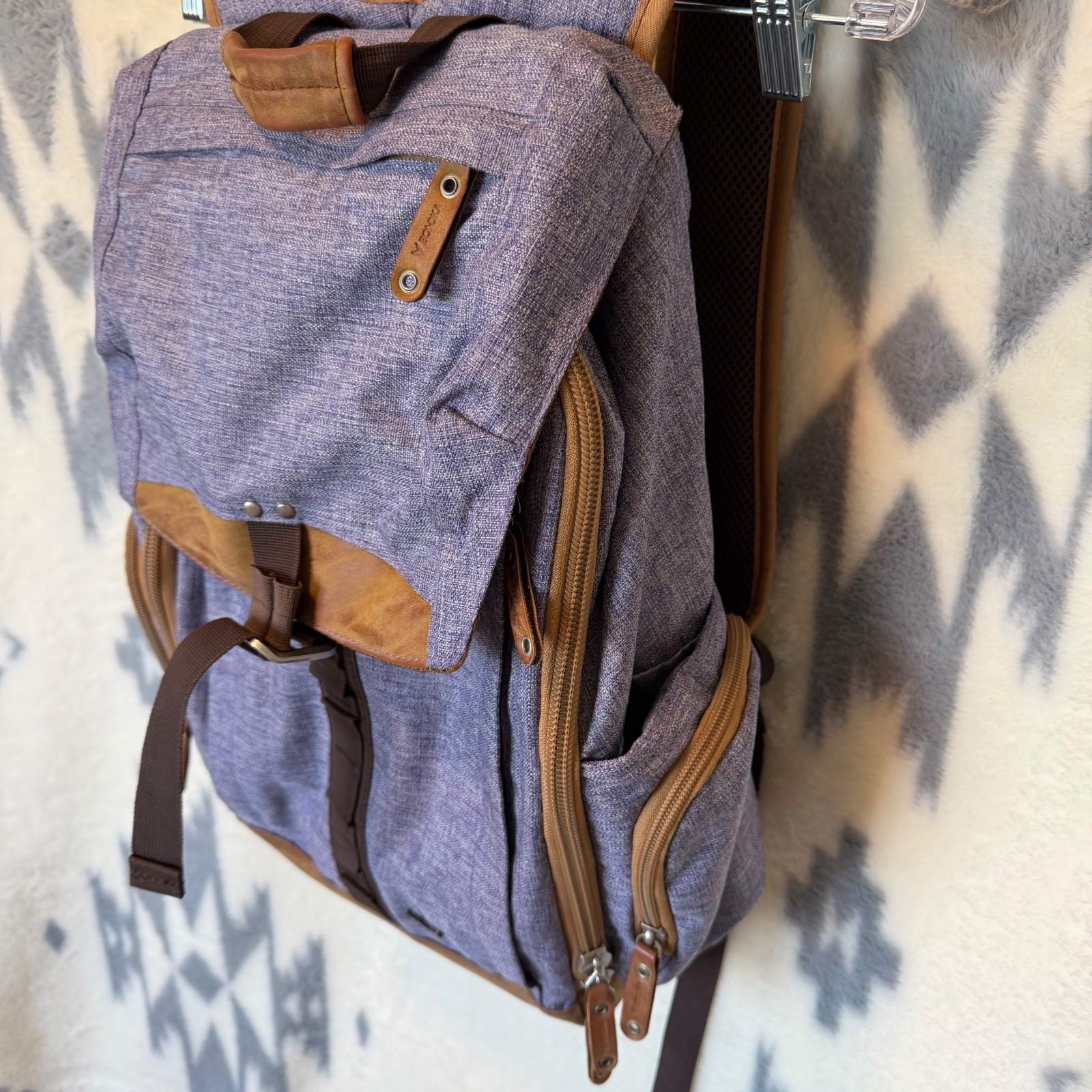 Bondka Jigsaw Backpack Heather Blue Canvas Tan Leather Daypack