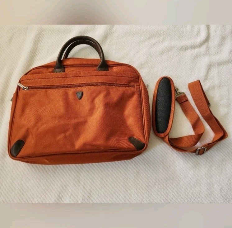 Men’s Orange/Brown Laptop Briefcase Document Case Zip, Top Handle, Strap