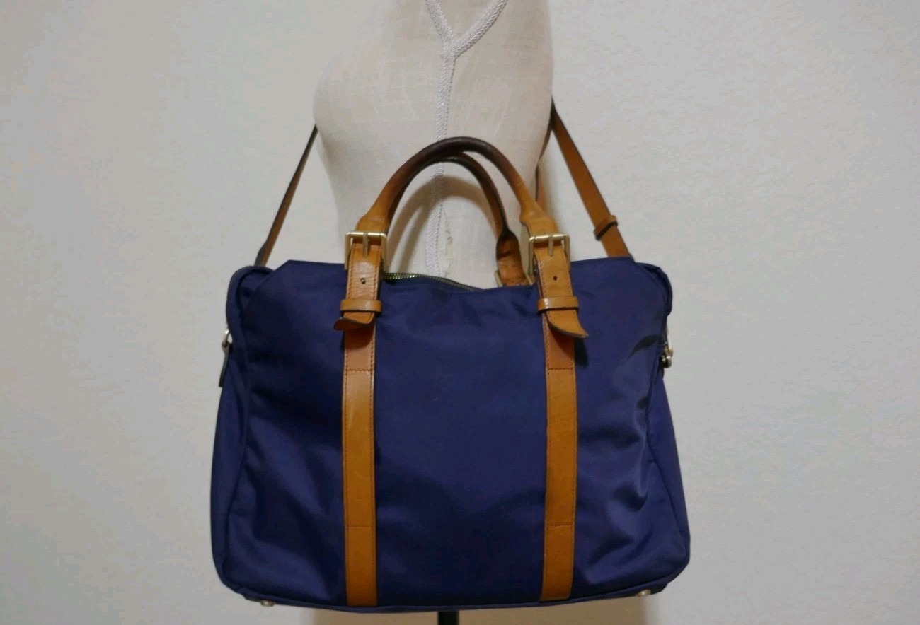 STUART O LAU The Cary Blue Nylon Briefcase Tan Leather Trim Red Interior