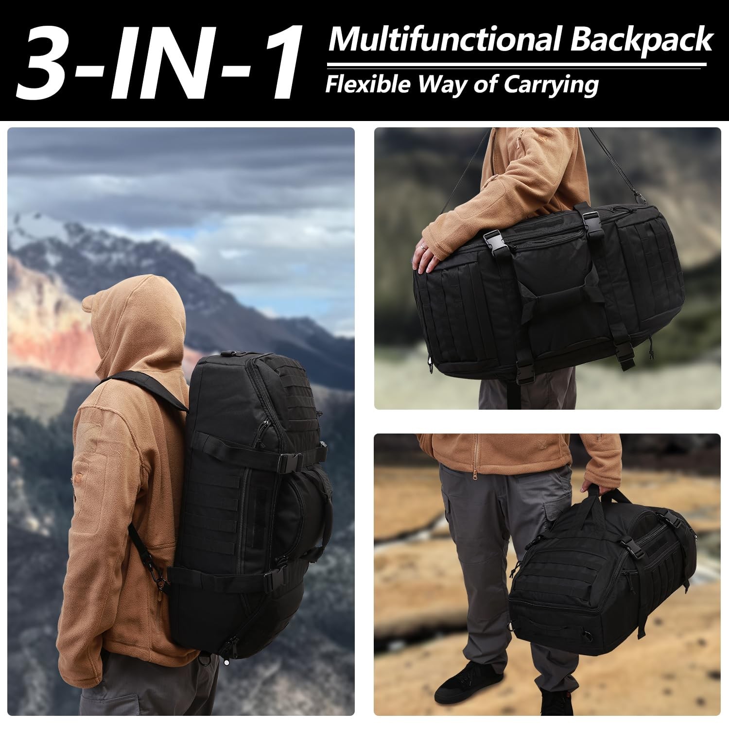 Duffle Bag 3-in-1 Tactical Backpack MOLLE Pack 55L Black for Sports Gym Outdoor