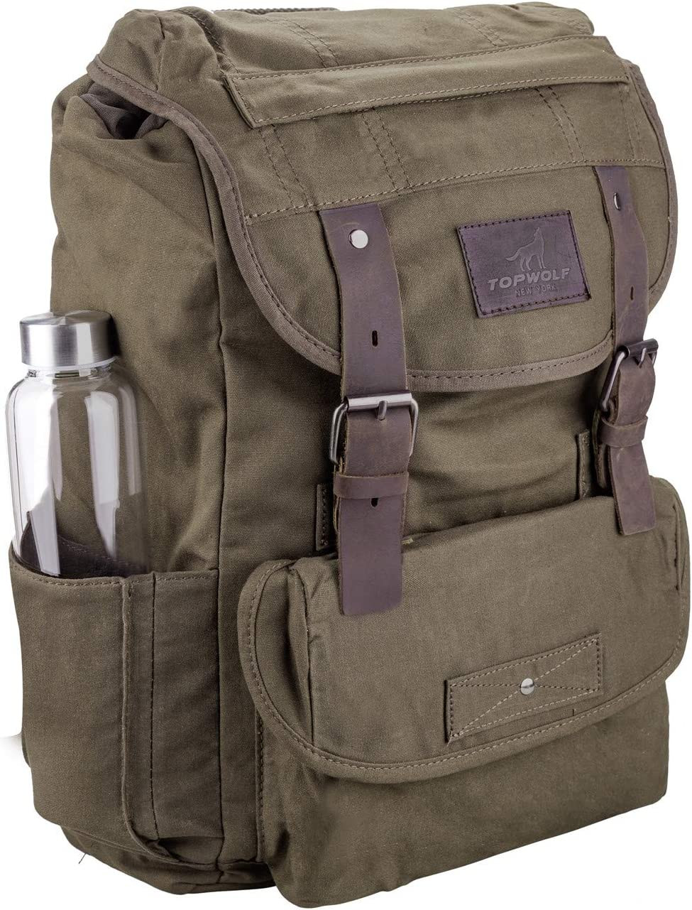 Waterproof Waxed Canvas Backpack for Men Travel Rucksack Leather Trimming (Green