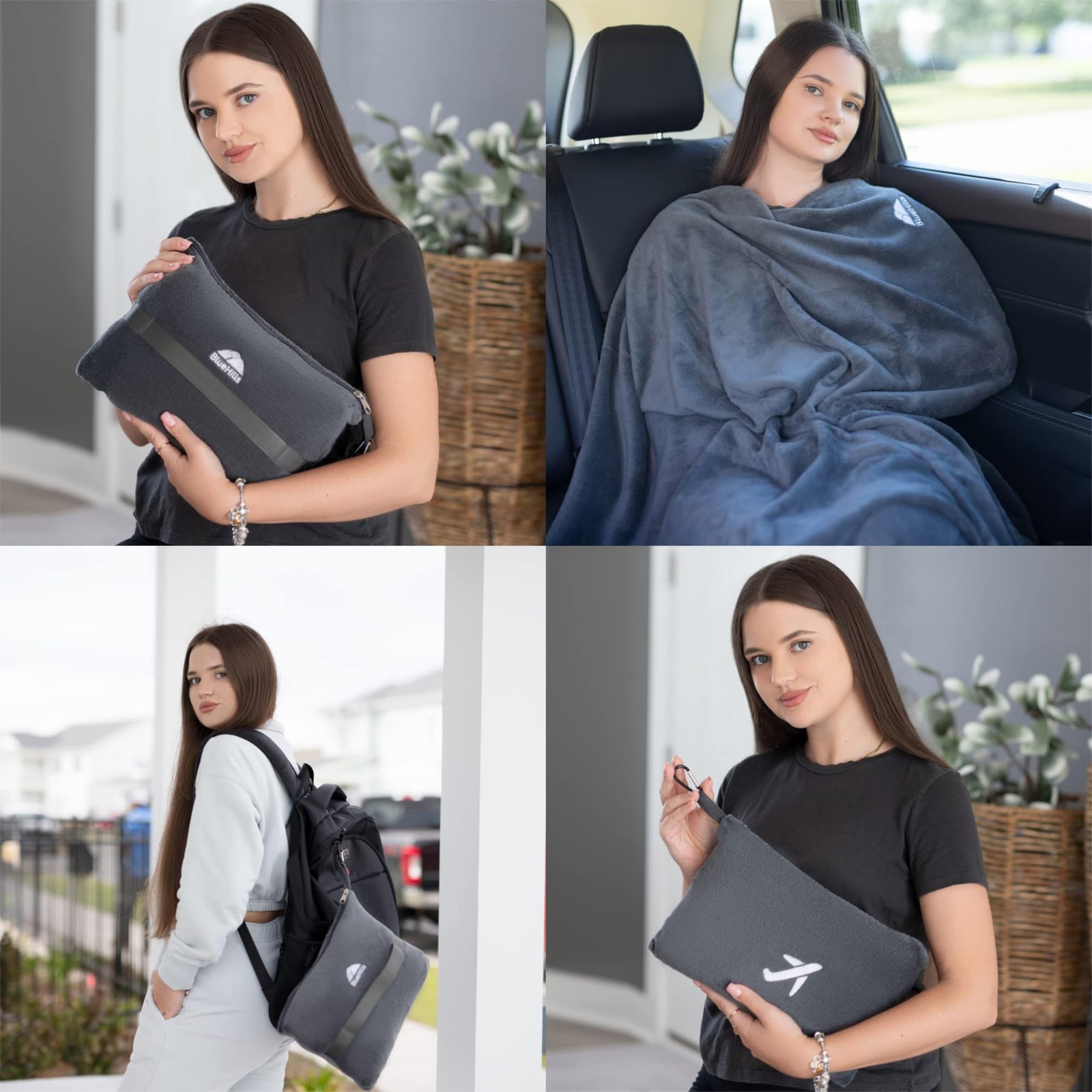 BlueHills 2 Pack Premium Travel Blanket Pillow Mini Soft Case – Gray M21