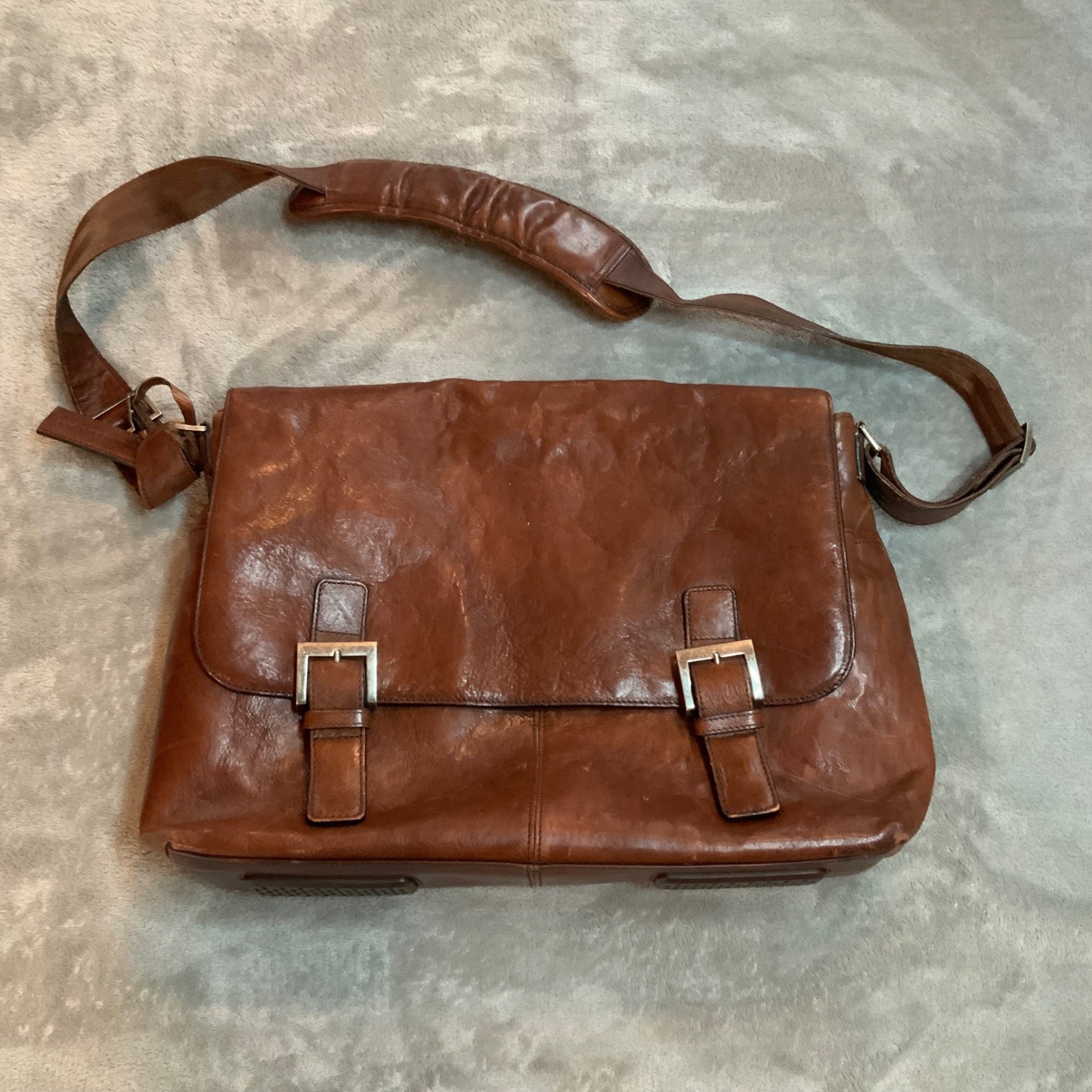 Johnston & Murphy Mens Brown Leather Messenger Bag Laptop Satchel Briefcase