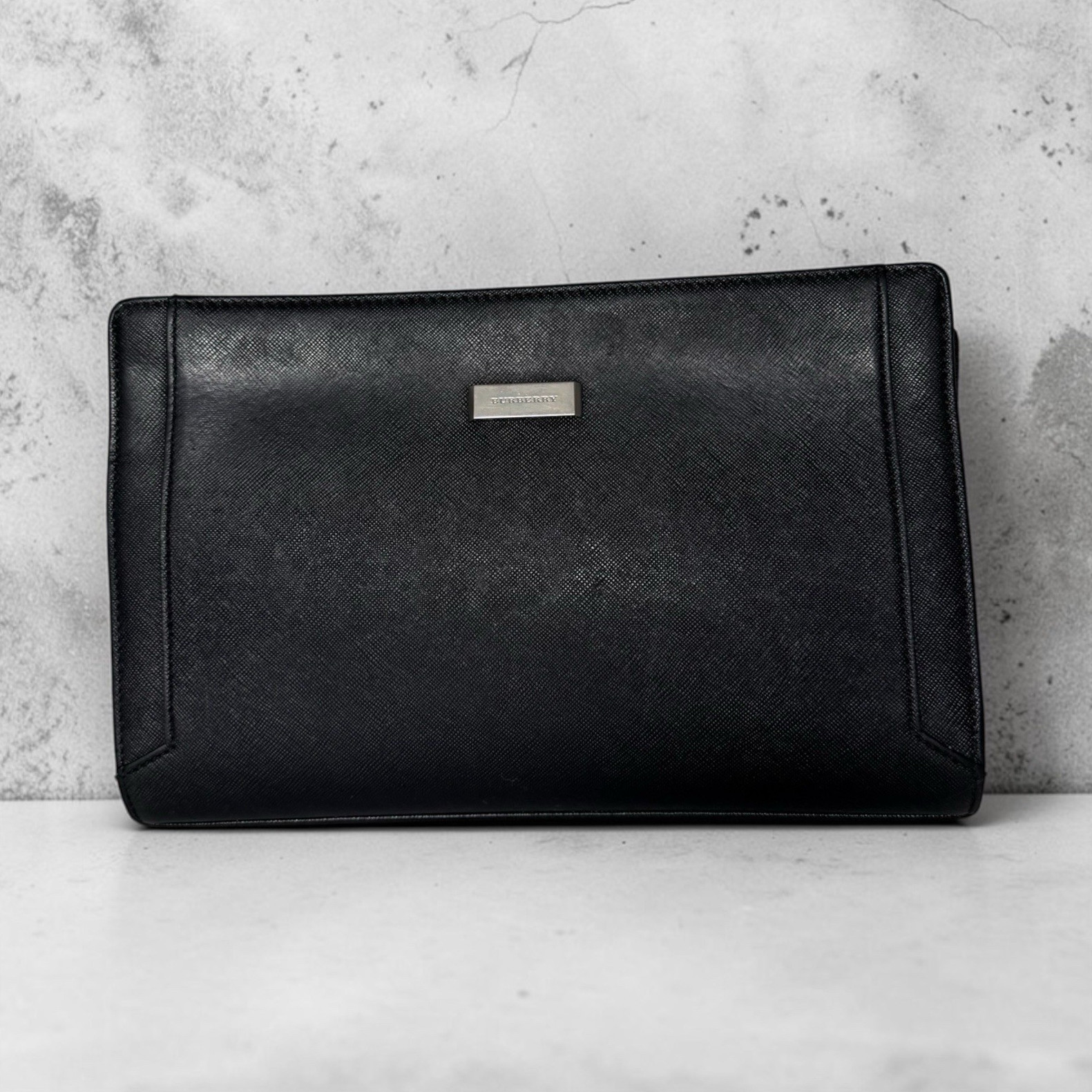 Burberry Black Leather Clutch Pouch Bag Luxury Unisex Authentic