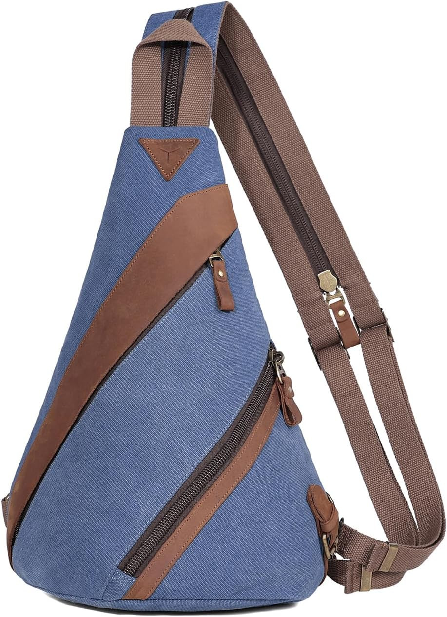 Canvas Sling Bag for Men Women, Genuine Leather Design Shoulder Crossbody Bags B