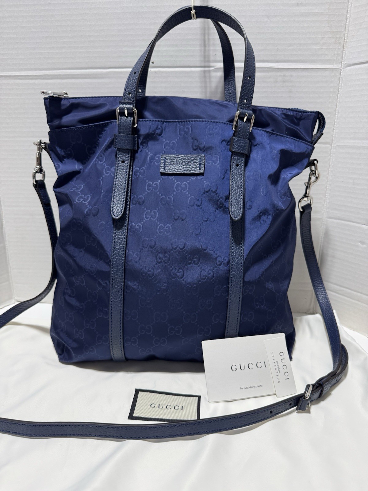 NEW GUCCI Men Unisex GG Logo Blu Nylon Leather Crossbody Shoulder Strap Tote Bag