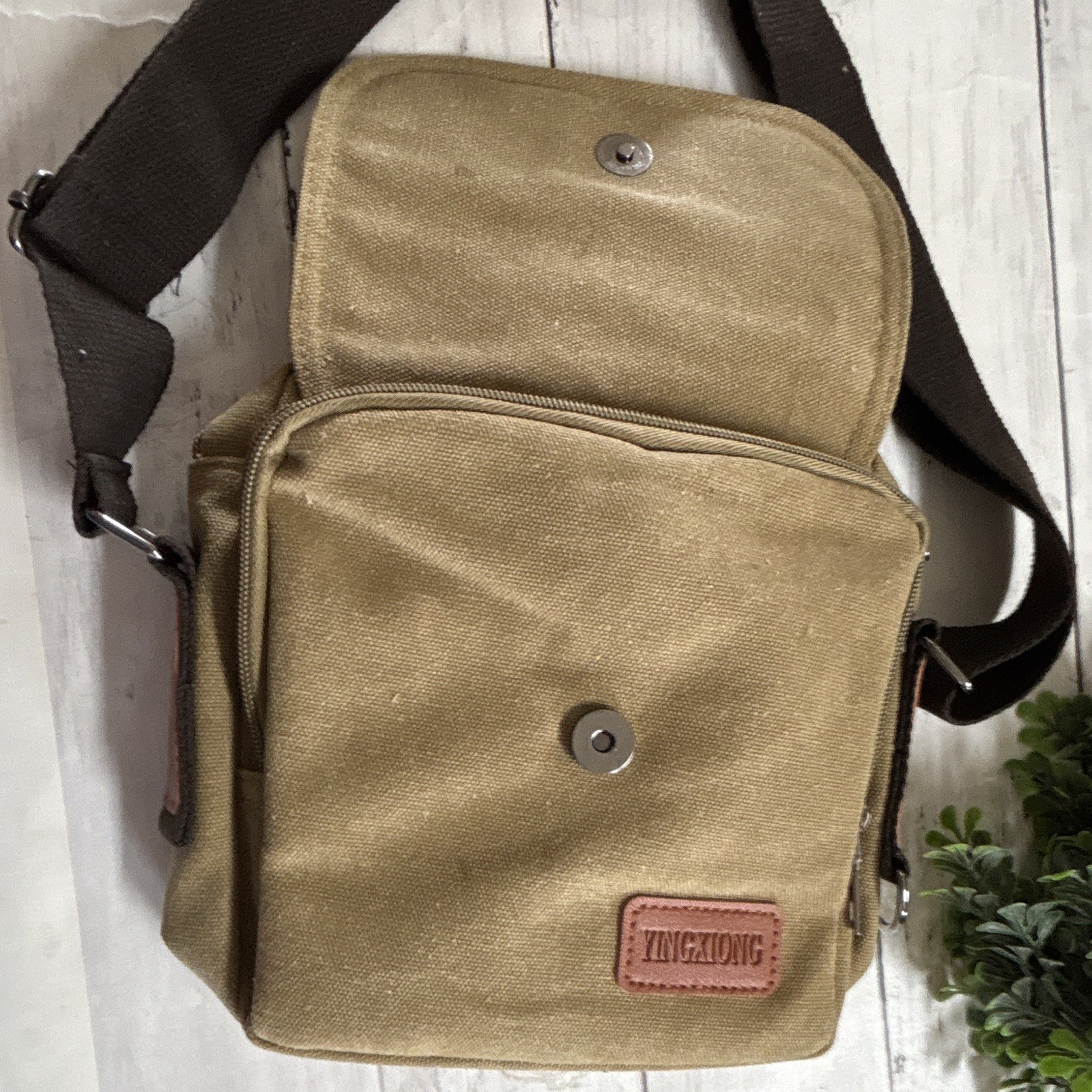 YINGXIONG Beige/Brown Solid Crossbody Bag Zip Snap Closure Adjustable Strap
