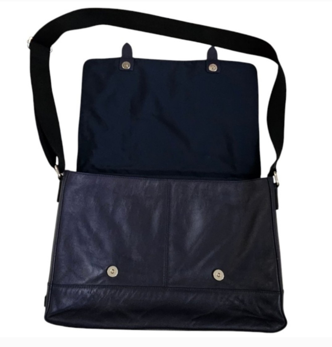 Cole Haan Blue Smooth Leather Buckle Detail Minimalist Laptop Messenger Bag