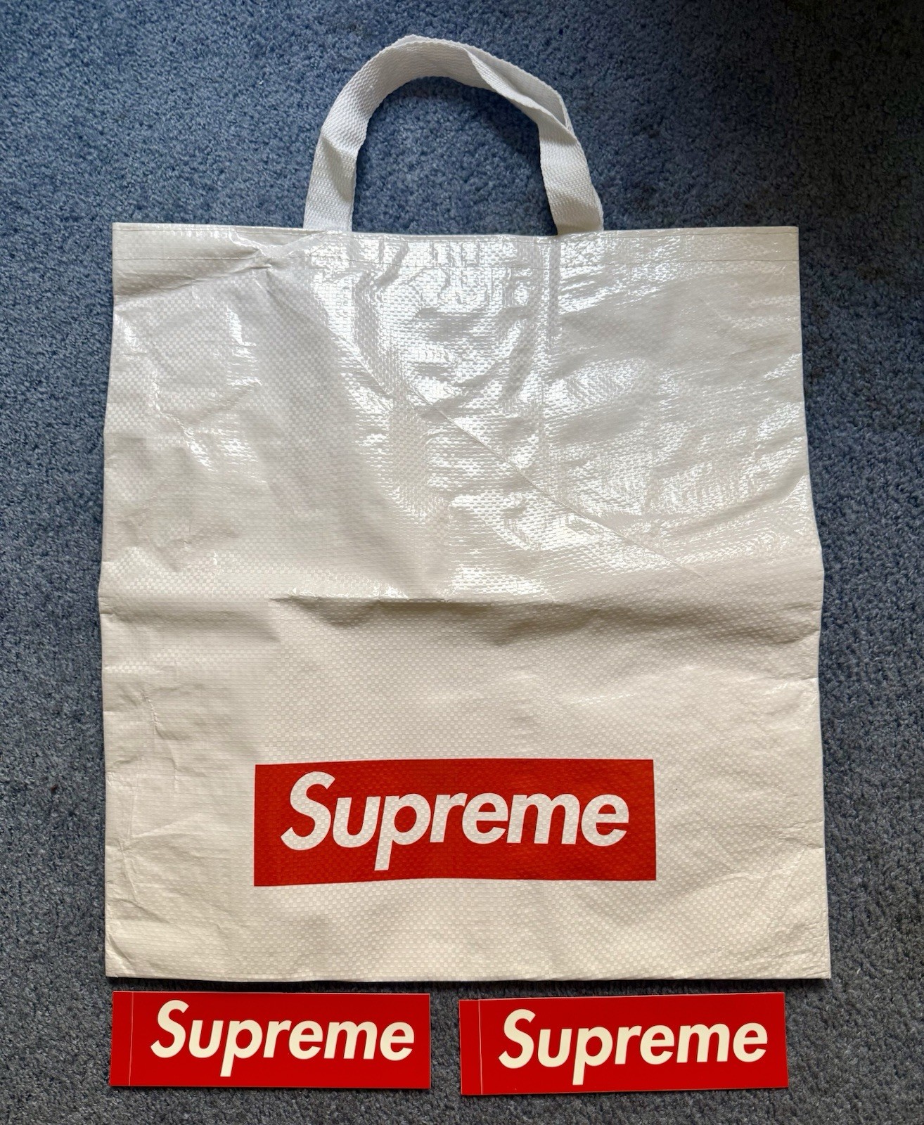 SUPREME Polypropylene Tote Shopping Bag Reusable Bag Plus Two Box Logo Stickers