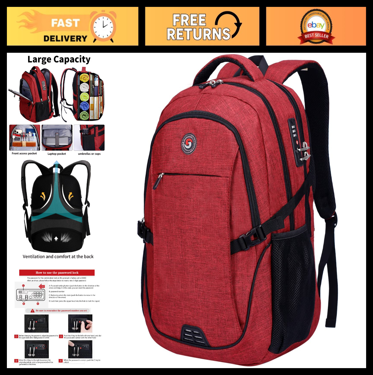 Anti-Theft Laptop Backpack with Combination Lock – Fits 17″ Laptop, Travel Bag,