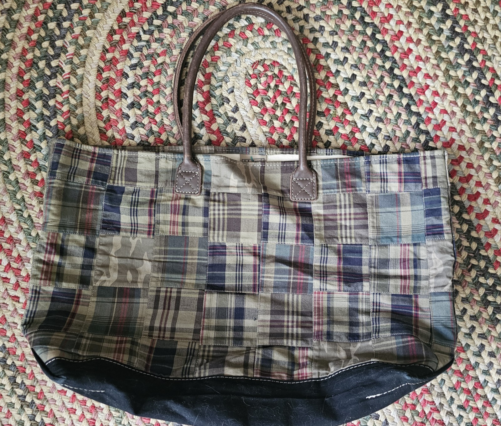 Vintage LL Bean Patchwork Madras Plaid Tote Bag Canvas Leather Camo Large Preppy