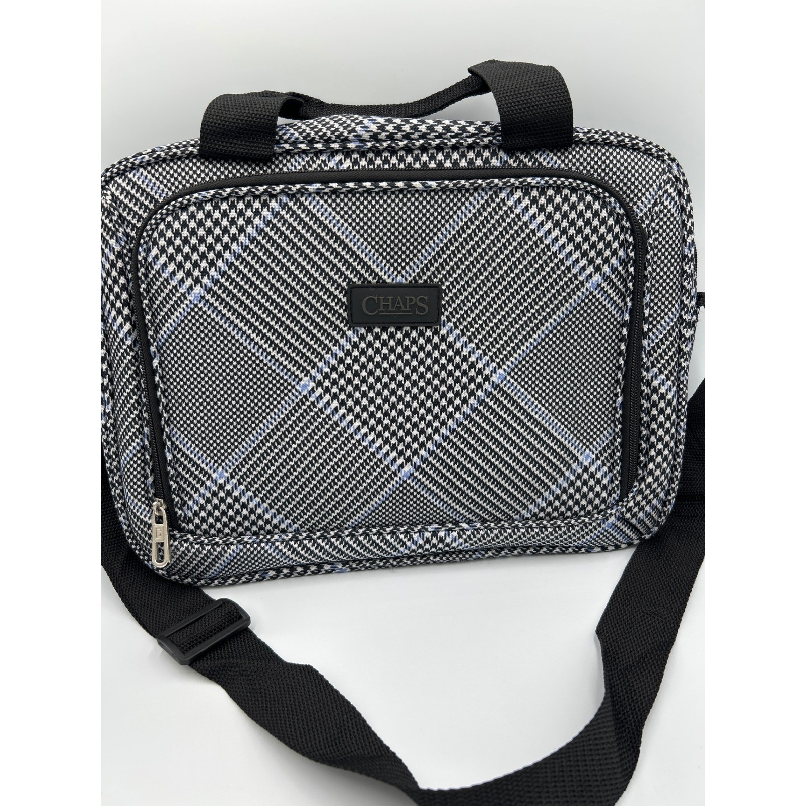 Chaps Messenger Bag Black White Blue Glen Plaid Light Crossbody Laptop Case