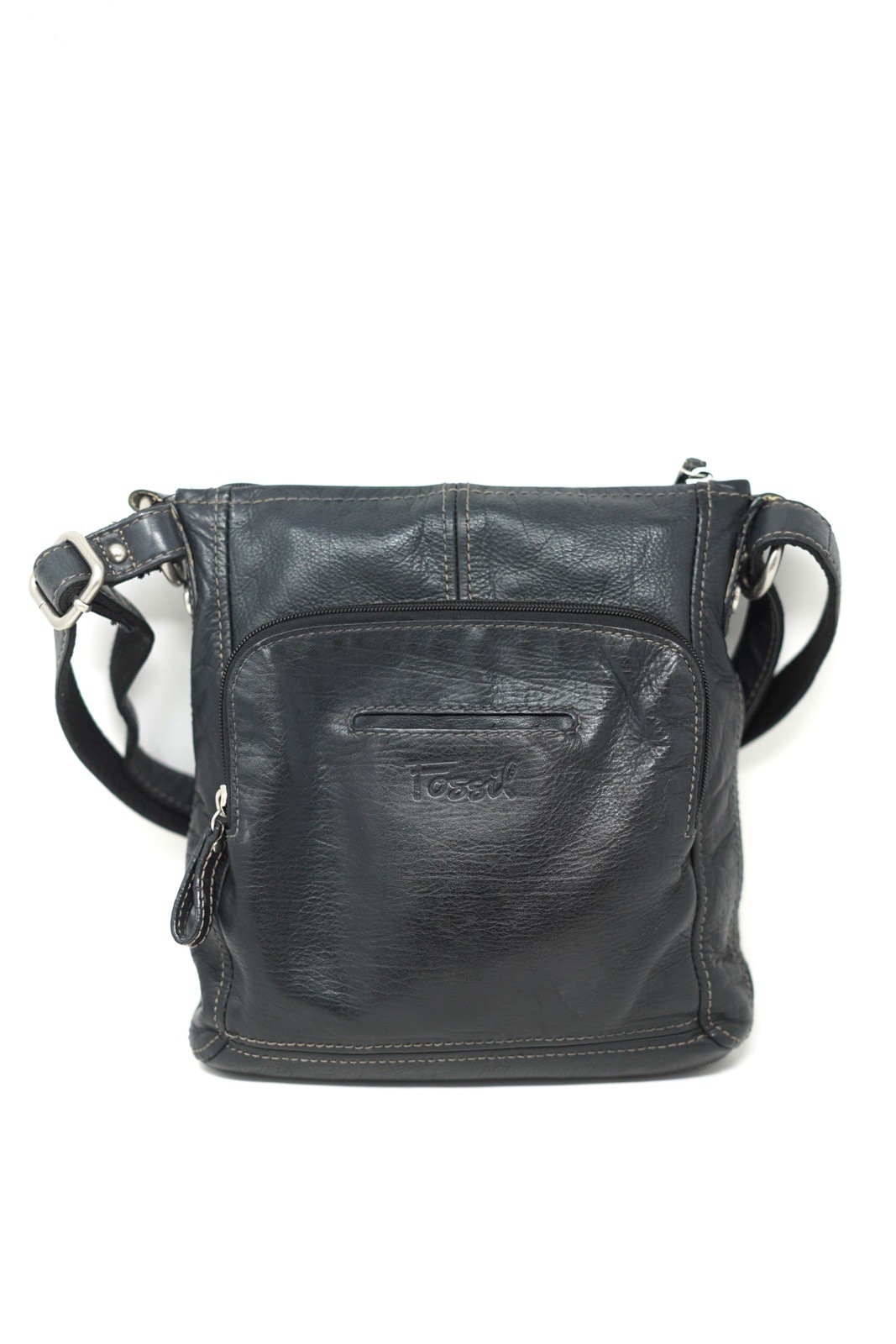 Fossil Black Genuine Pebbled Leather Crossbody Organizer Messenger Bag Purse