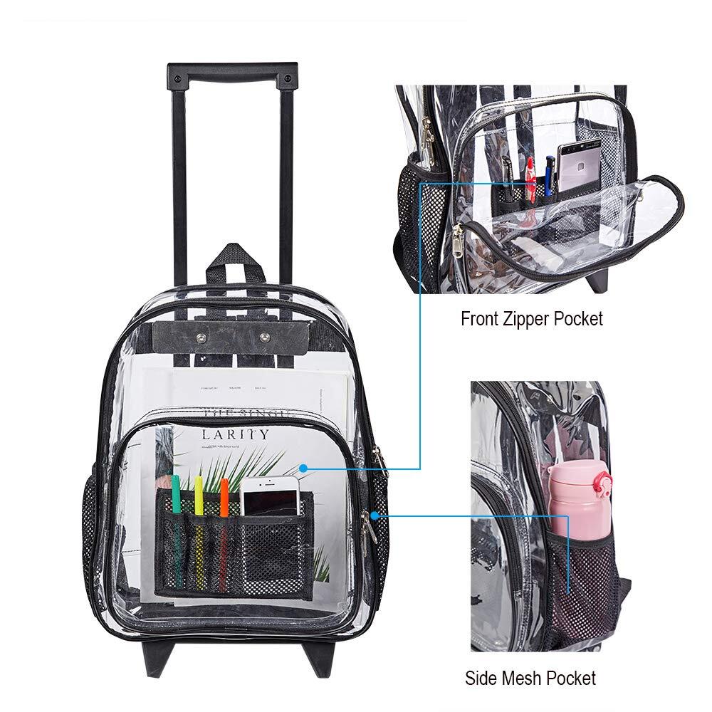 Rolling Clear Backpack, Heavy Duty See Through Bookbag, Transparent with Wheels