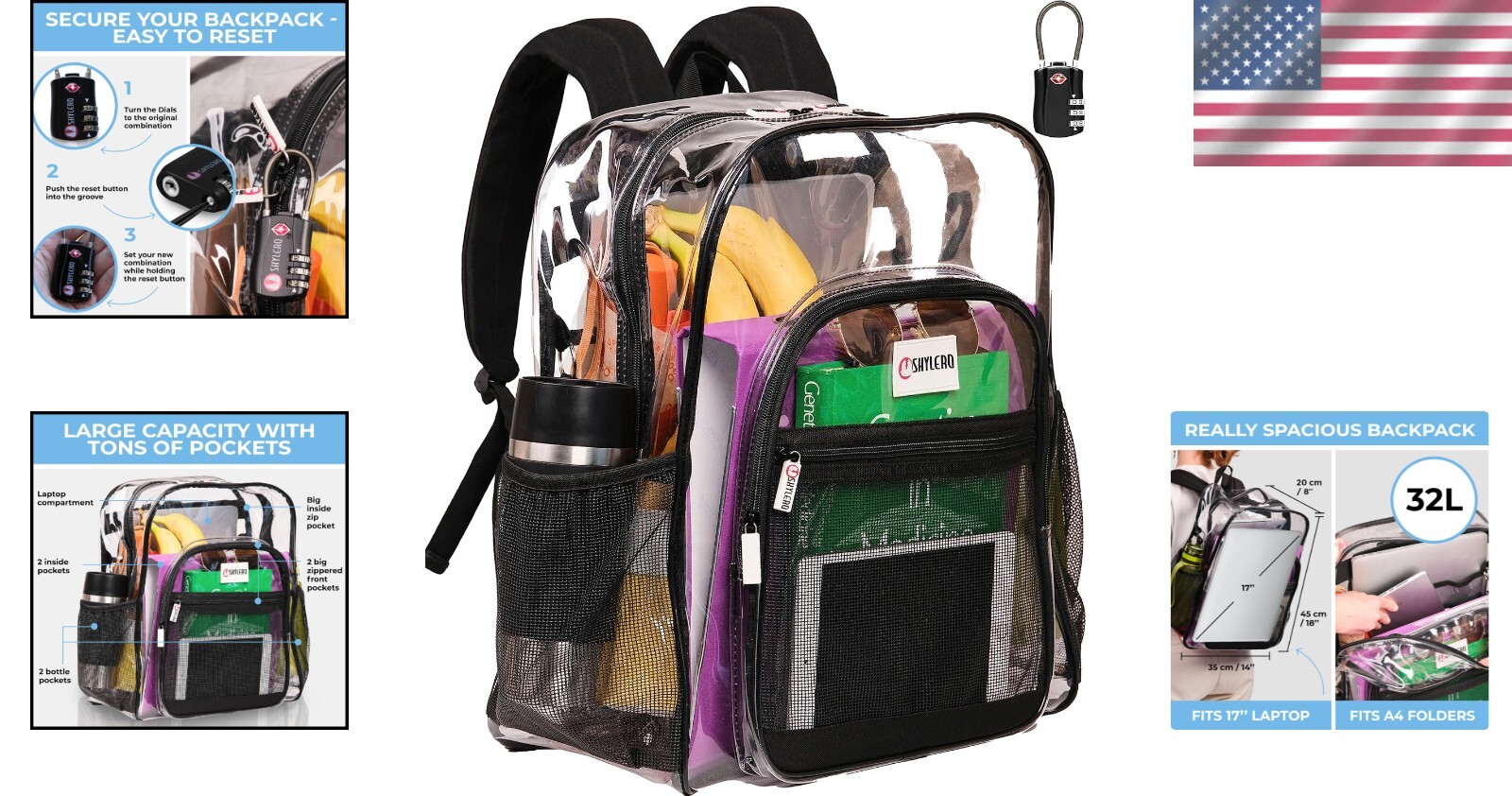 Versatile Transparent Black Backpack with Reflective Strips and Anti-Theft Lock