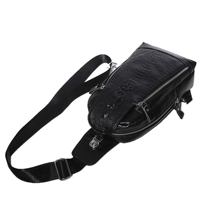 Genuine Leather Sling Backpack Black Men’s Crossbody Chest Bag Crocodile Pattern