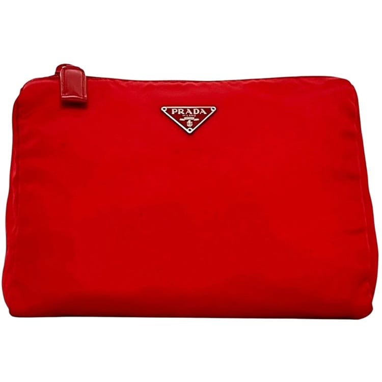 Prada pouch, red Tessuto leather, nylon, used, size 60, PRADA zipper,