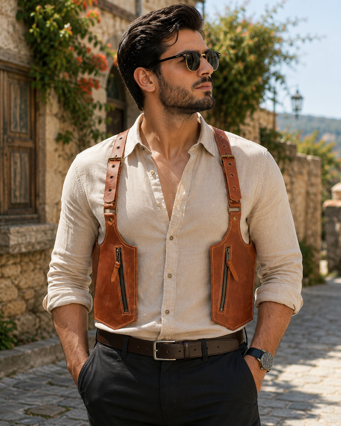 Genuine Leather Chest Holster Harness Crossbody EDC Phone Wallet Travel Bag