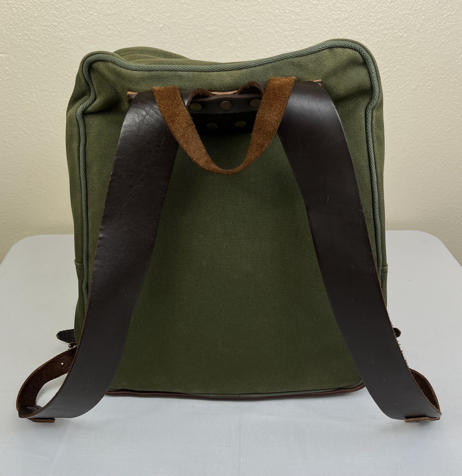 Duluth Pack Green Canvas & Brown Leather Backpack Made In USA YKK Zip Rare