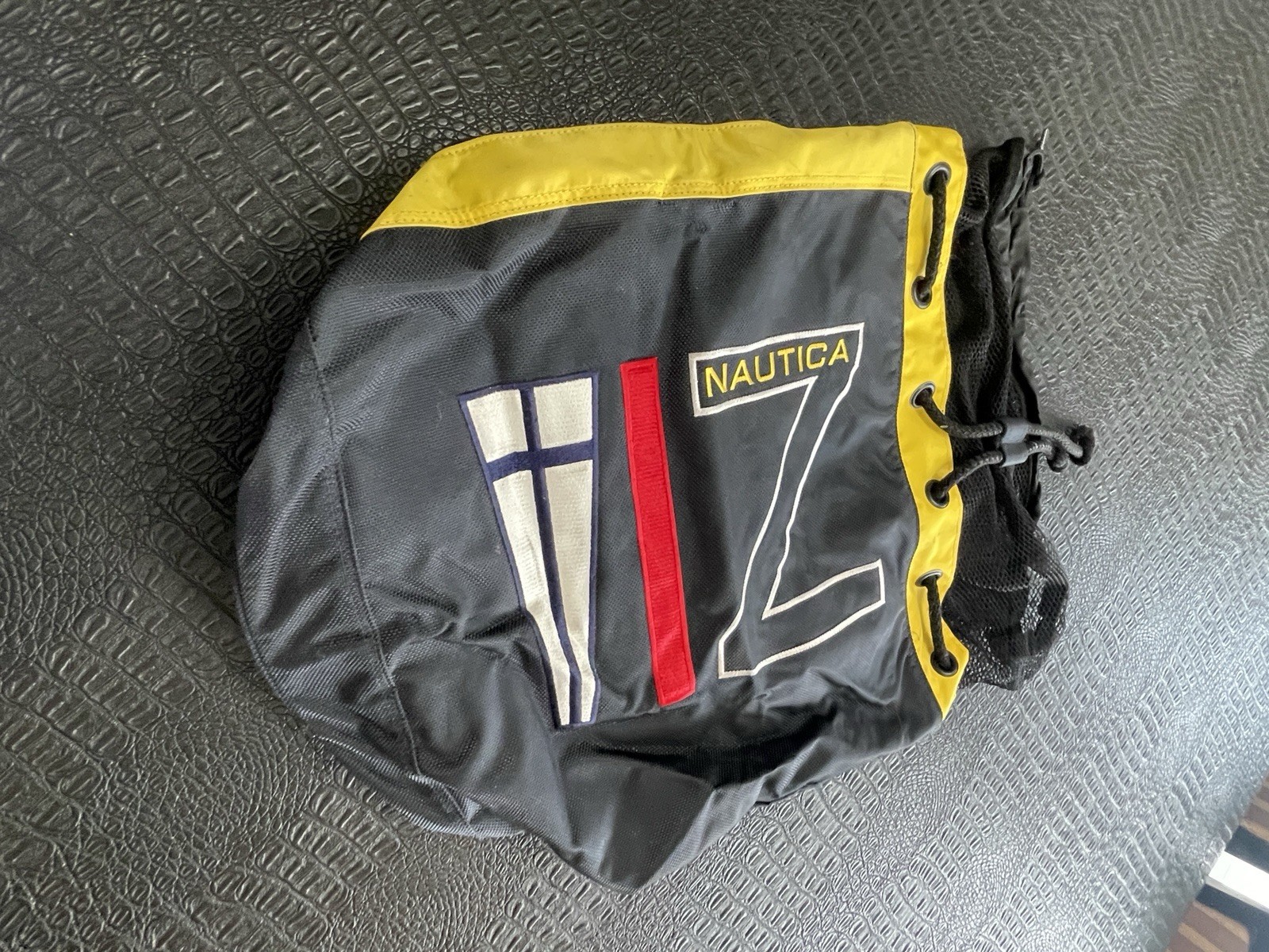 Nautica Black and Yellow Drawstring Bag with Zip on Side