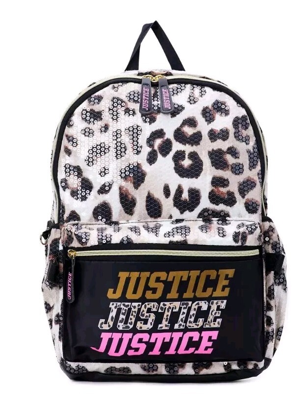 JUSTICE Girls 17″ Backpack Set with Lunch Bag, PomPom & Pouch Leopard 4-Pcs