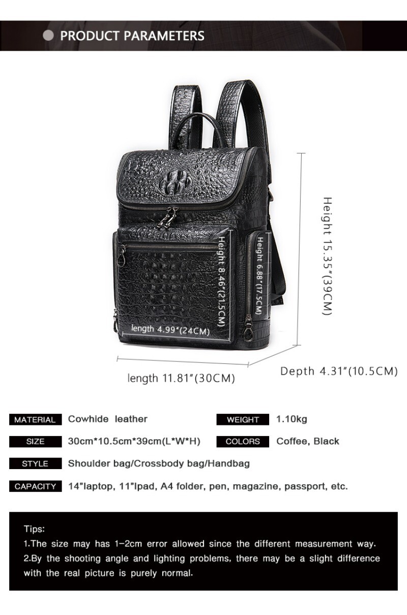 Men’s Crocodile Patterned Leather Backpack Fashionable Trendy Travel Backpack