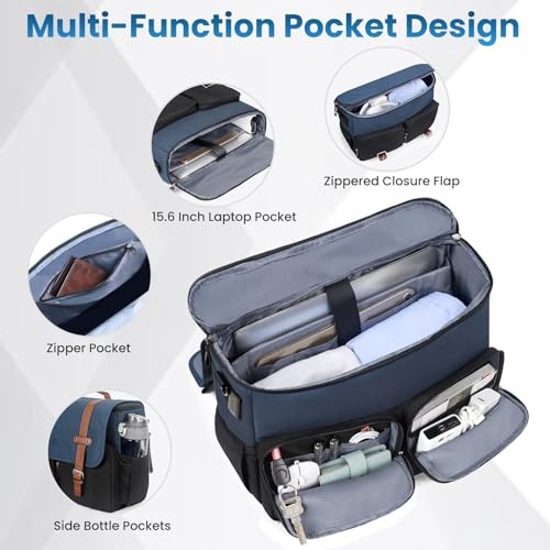 Messenger Bag for School with USB Charging Port, Large Crossbody Black-blue