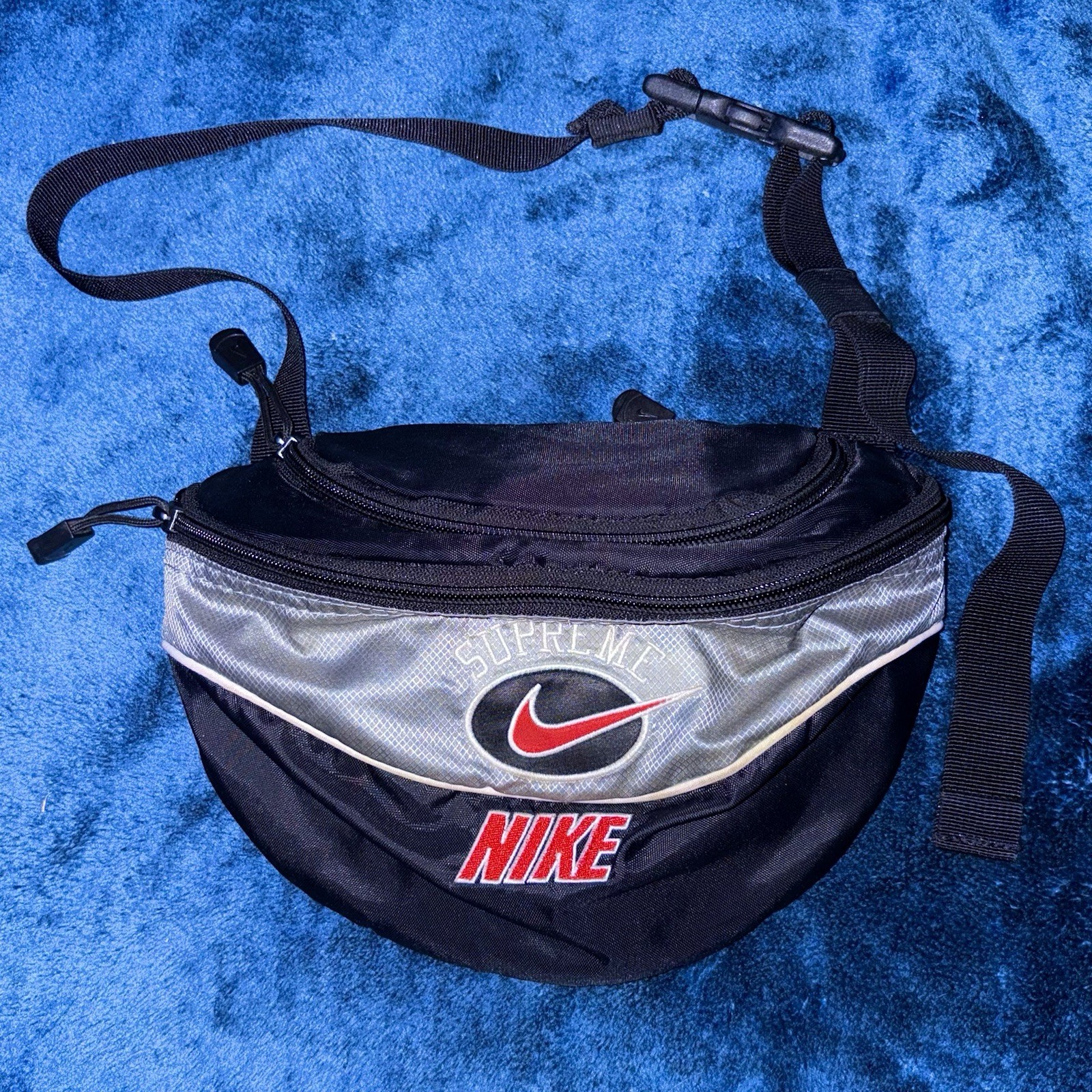 2019 Supreme X Nike Silver & Black Color Block Embroidered Fanny Pack Waist Bag