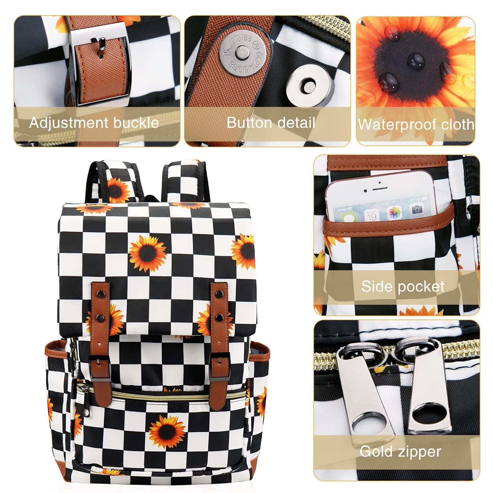Checkered Sunflower Laptop Backpack for Girls Women, 15.6 inch College School…