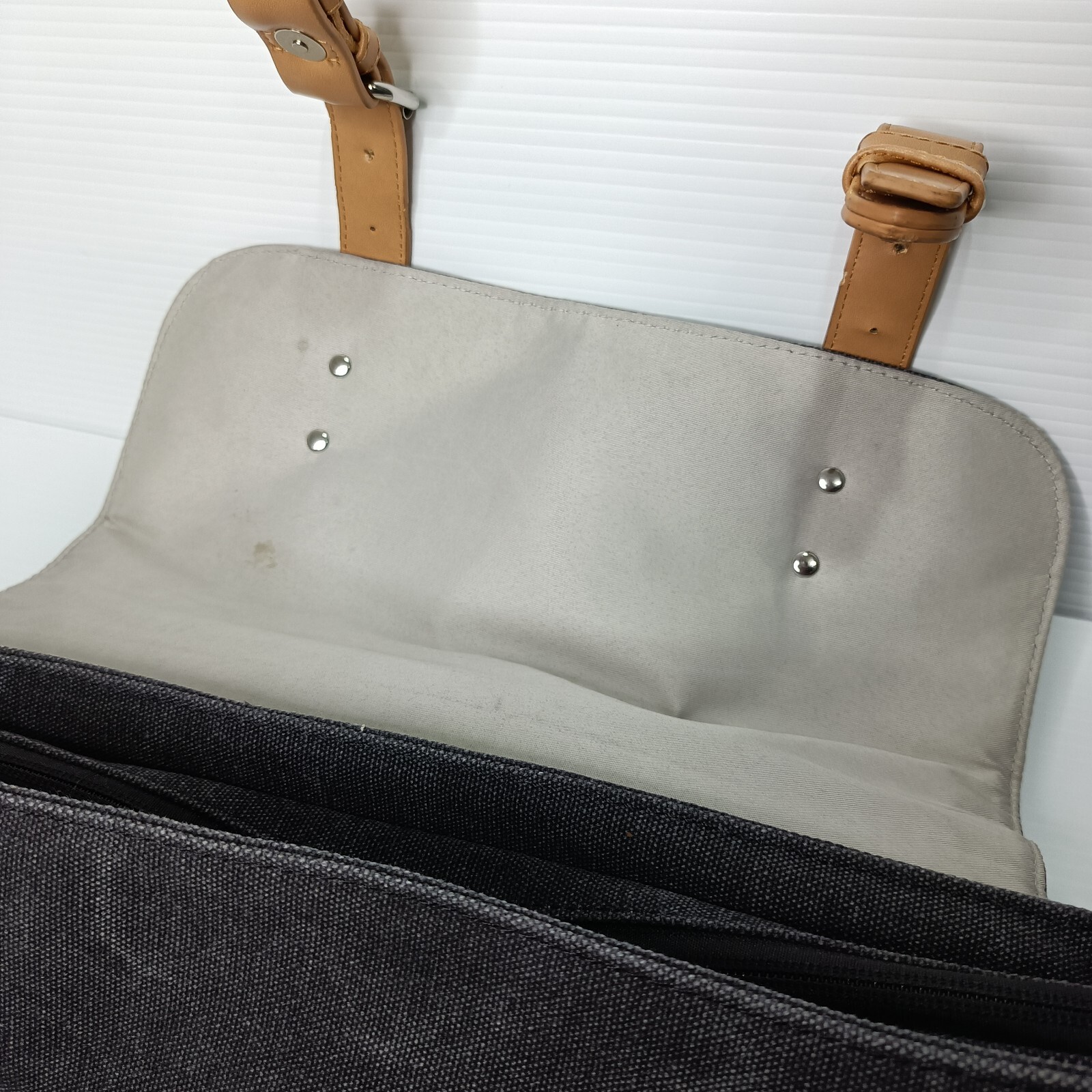 Google Backpack Bag Padded Laptop Grey Canvas Magnetic Snap Button Zip Flawed