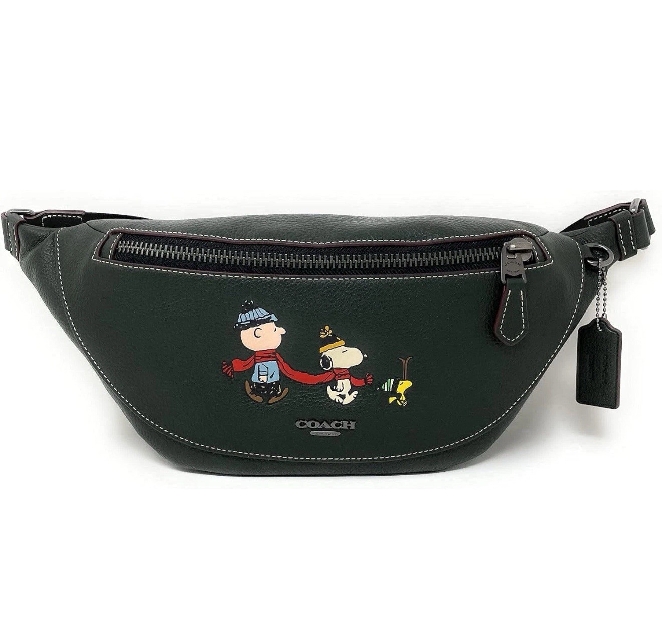 NWT COACH X Peanuts Warren Belt Bag In Pebble Leather With Snoopy Print Green