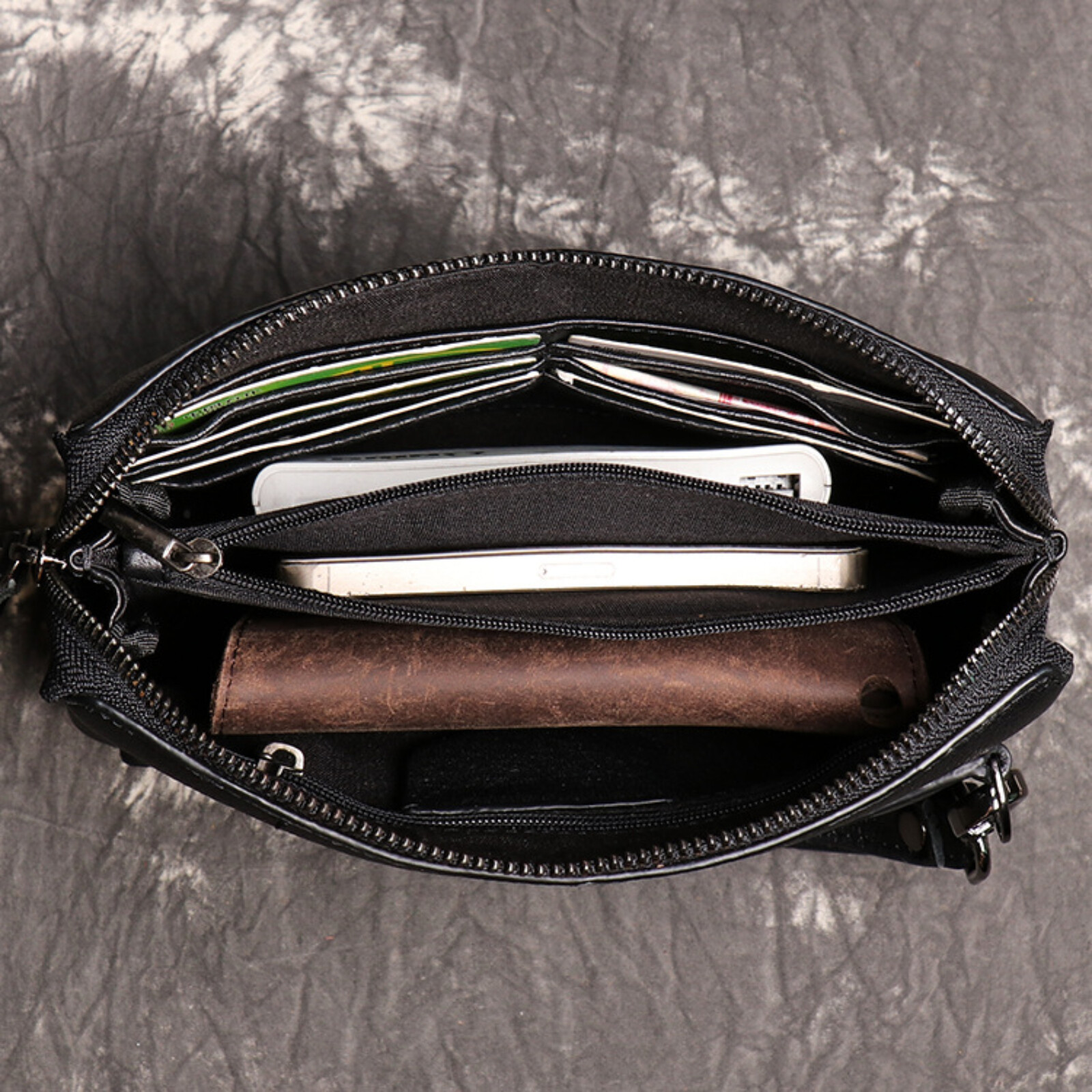 Mens Black Leather Wristlet Genuine Leather Clutch Bag Card Organizer