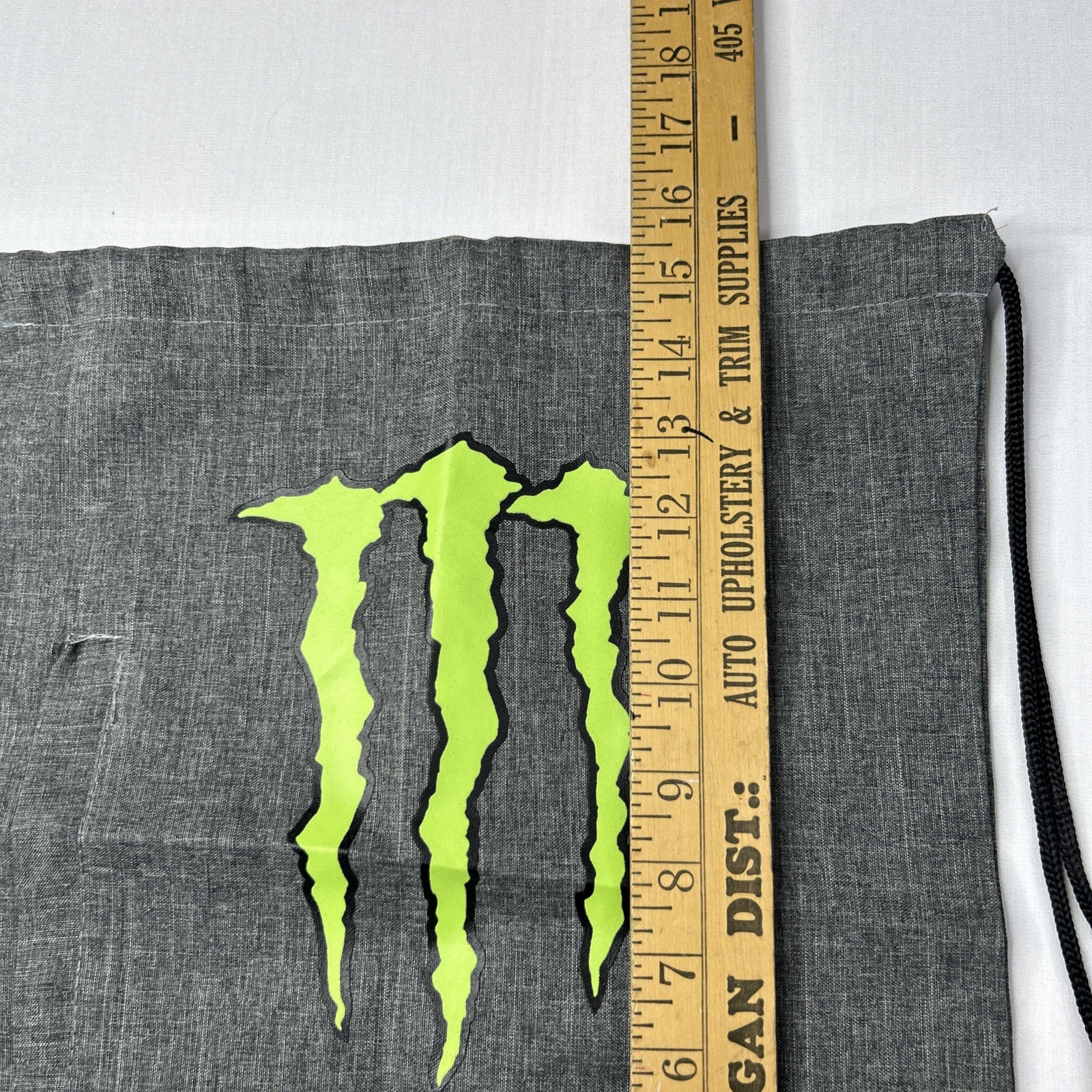 Monster Energy Drawstring Cinch Backpack Gray Front Zipper Pocket Green Logo