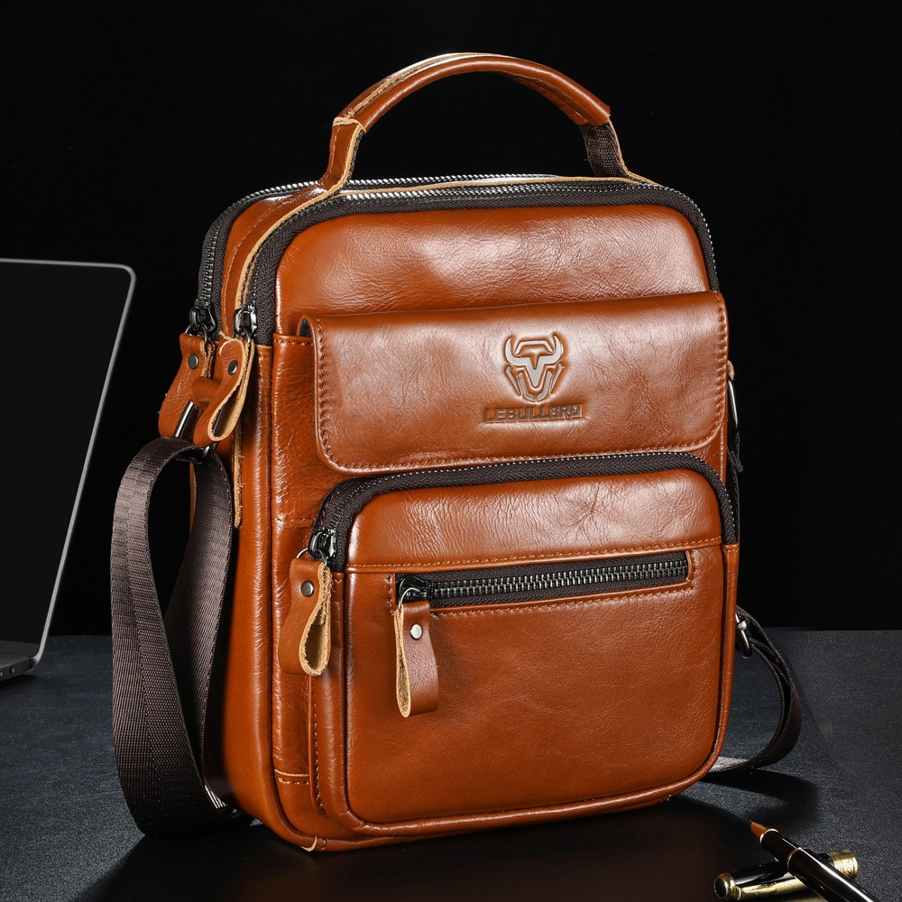 LEBULLBRO Mens Genuine Leather Sling Shoulder Bags Crossbody Business Office Bag