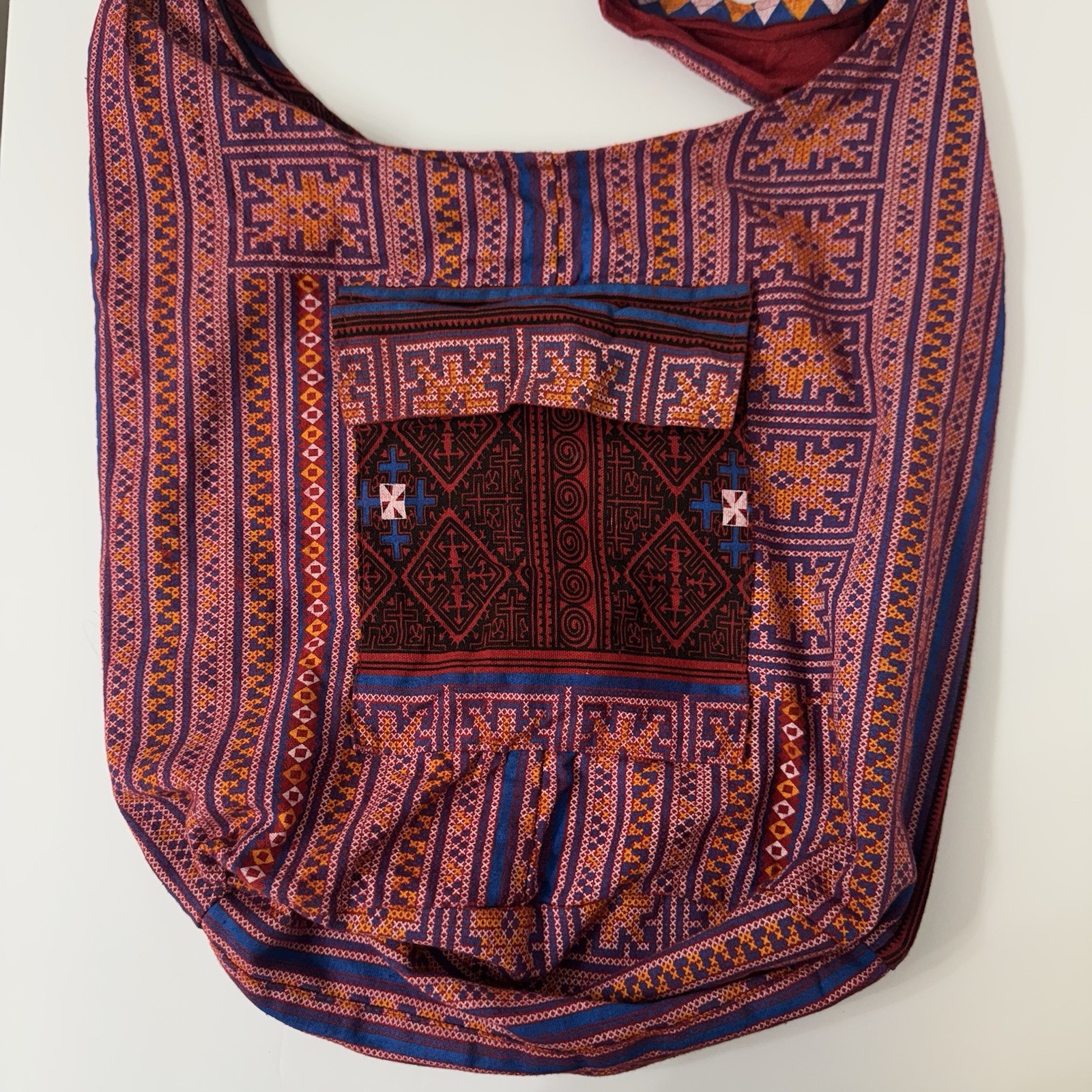 Ethnic Geometric Pattern Crossbody Shoulder Bag Zipper Inner Pocket Red Purple