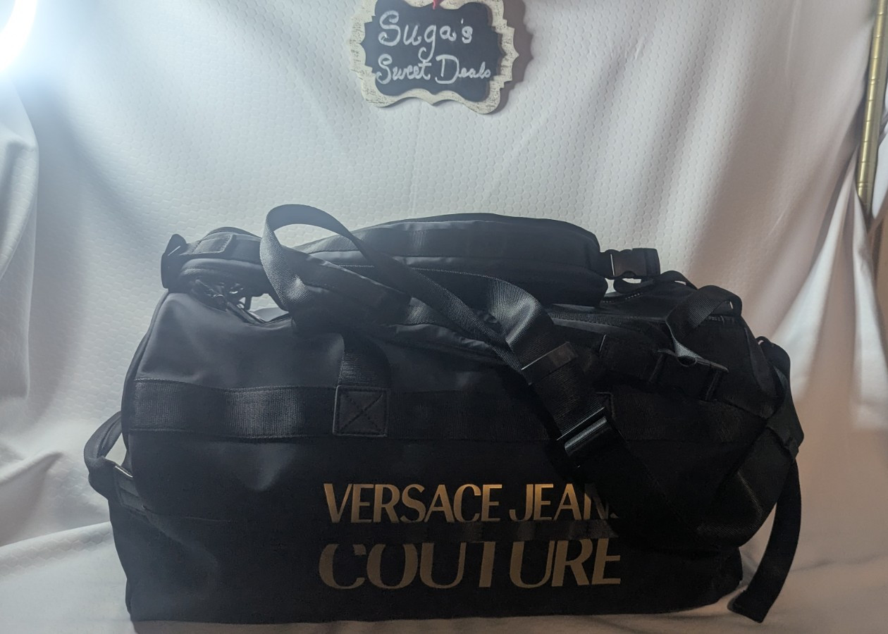 Versace Jeans Couture Black Logo Zip Large Duffle Bag Straps Pockets Men