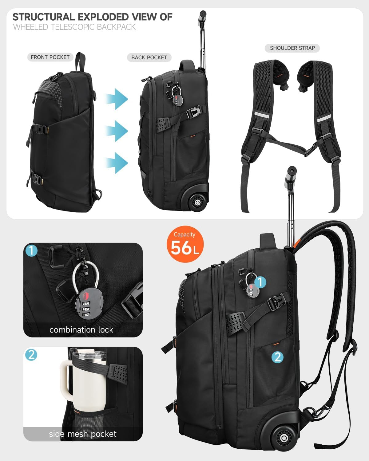 Rolling Backpack, 56L Large Backpacks with Wheels-Splits into Daypack & Laptop B