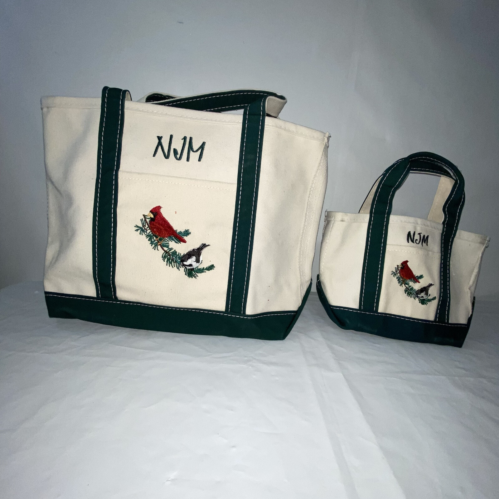 LL Bean Large Canvas And Small One Embroidered Birds With Initial