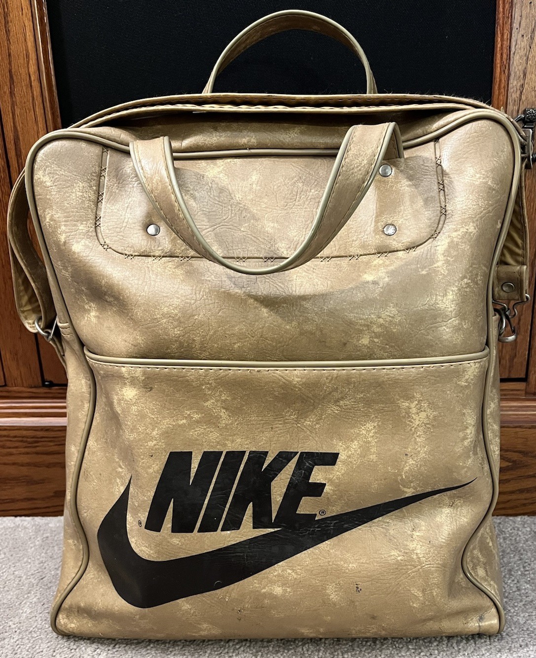 Vintage Nike PVC Tan Travelite Luggage Track Bag Strap and Double Handle