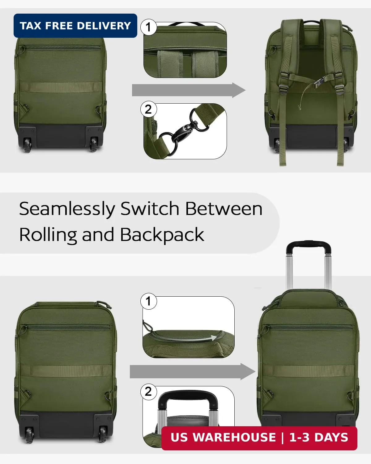 Rolling Tactical Laptop Backpack, Underseat Travel Backpack with Wheels, 16 Inch