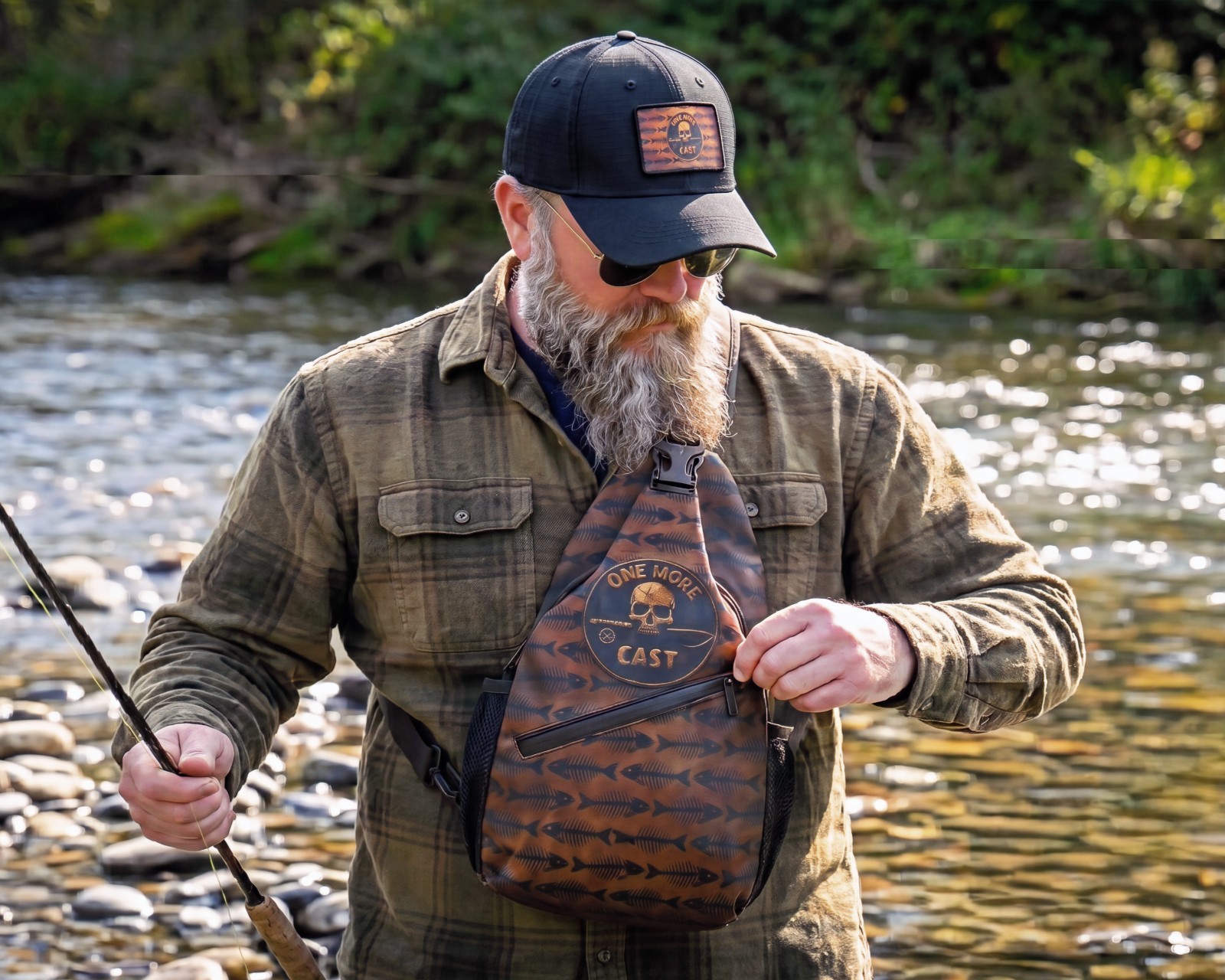ONE MORE CAST Sling Pack – Skull & Bones Pattern – Oxford Crossbody