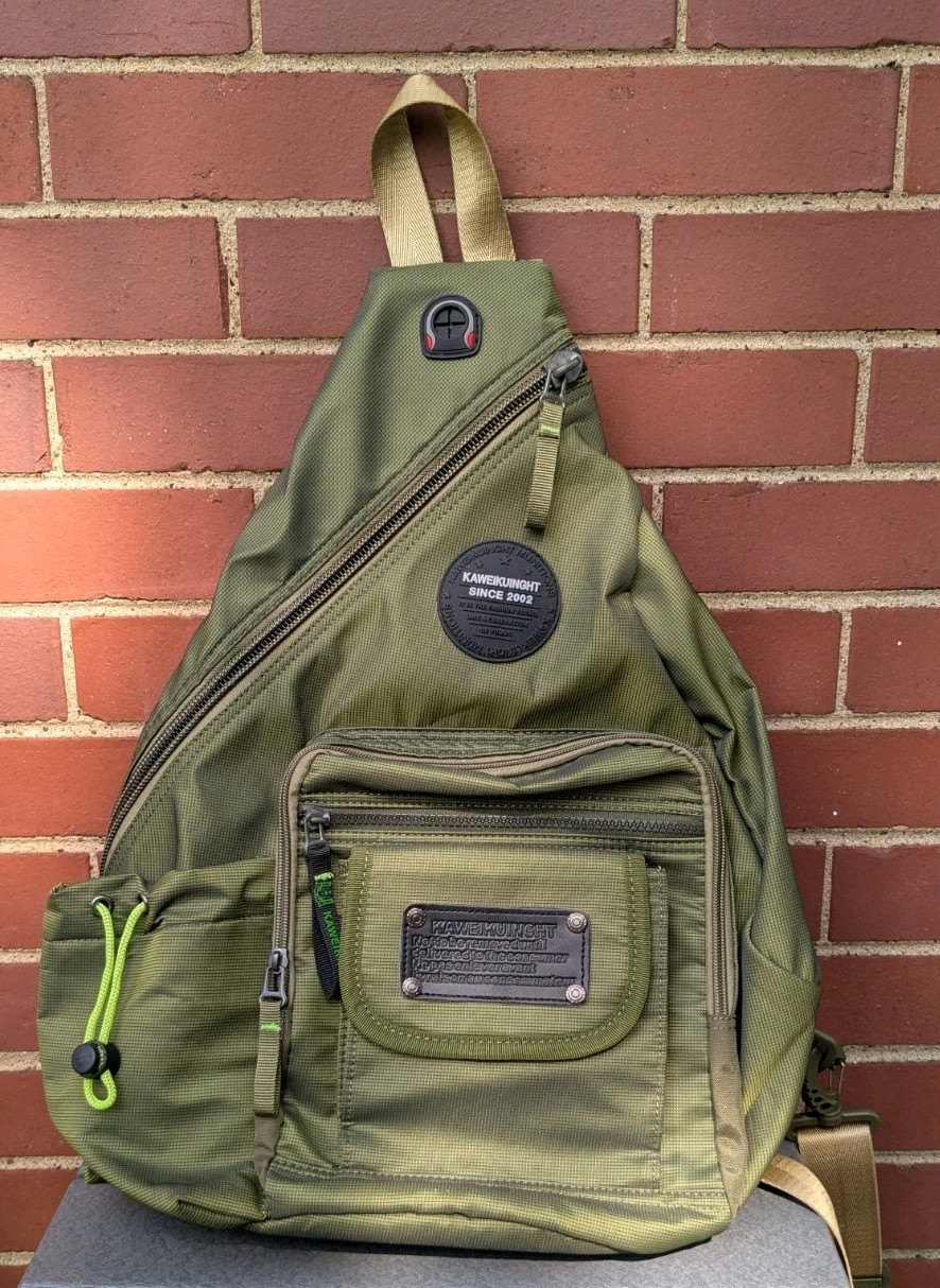 Kawei Knight Sling Pack Cross Body Travel Olive Green Multi Pocket Water Bottle