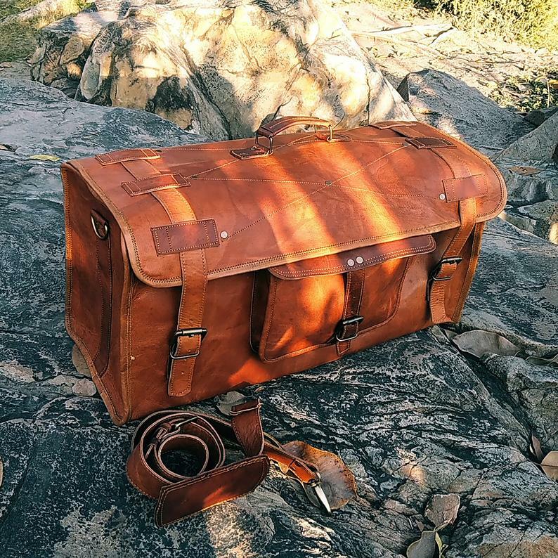 Men Handmade Vintage Brown Leather Luggage Weekender Overnight Travel Duffel Bag