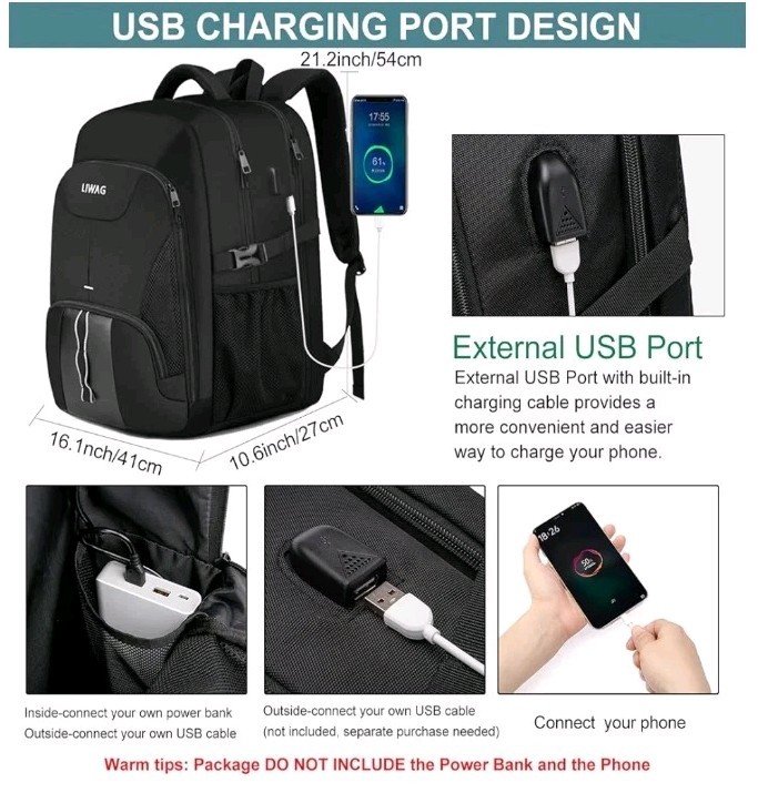 LIWAG Laptop Backpack, Black, 55L Capacity, TSA Friendly, USB Charging Port,…