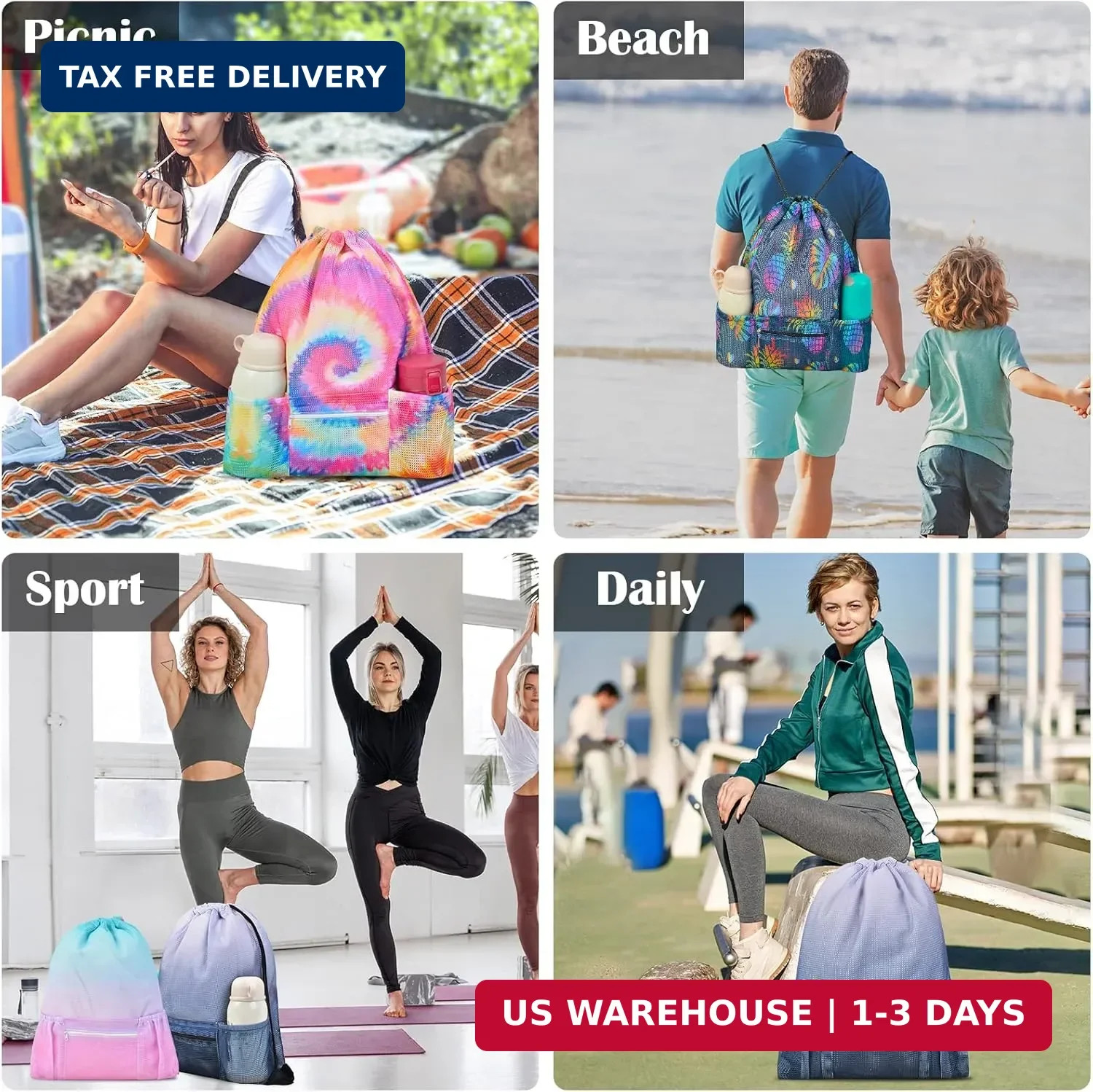 Mesh Drawstring Bag with Zipper Pocket, Beach Bag for Swimming Gear Backpack Gym