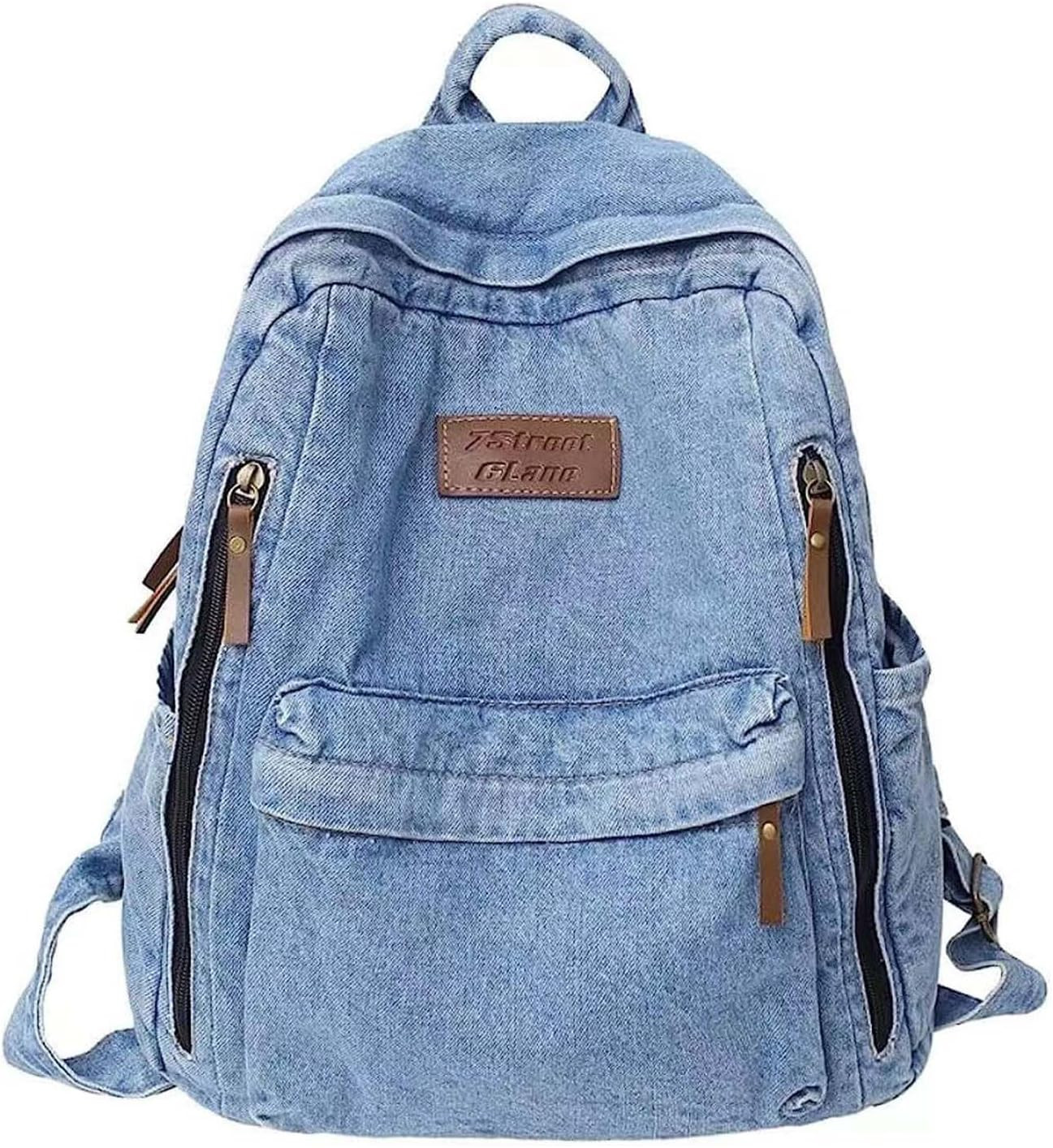 Denim Backpack for Women Men Vintage Grunge Backpack Blue Jeans Laptop Backpack