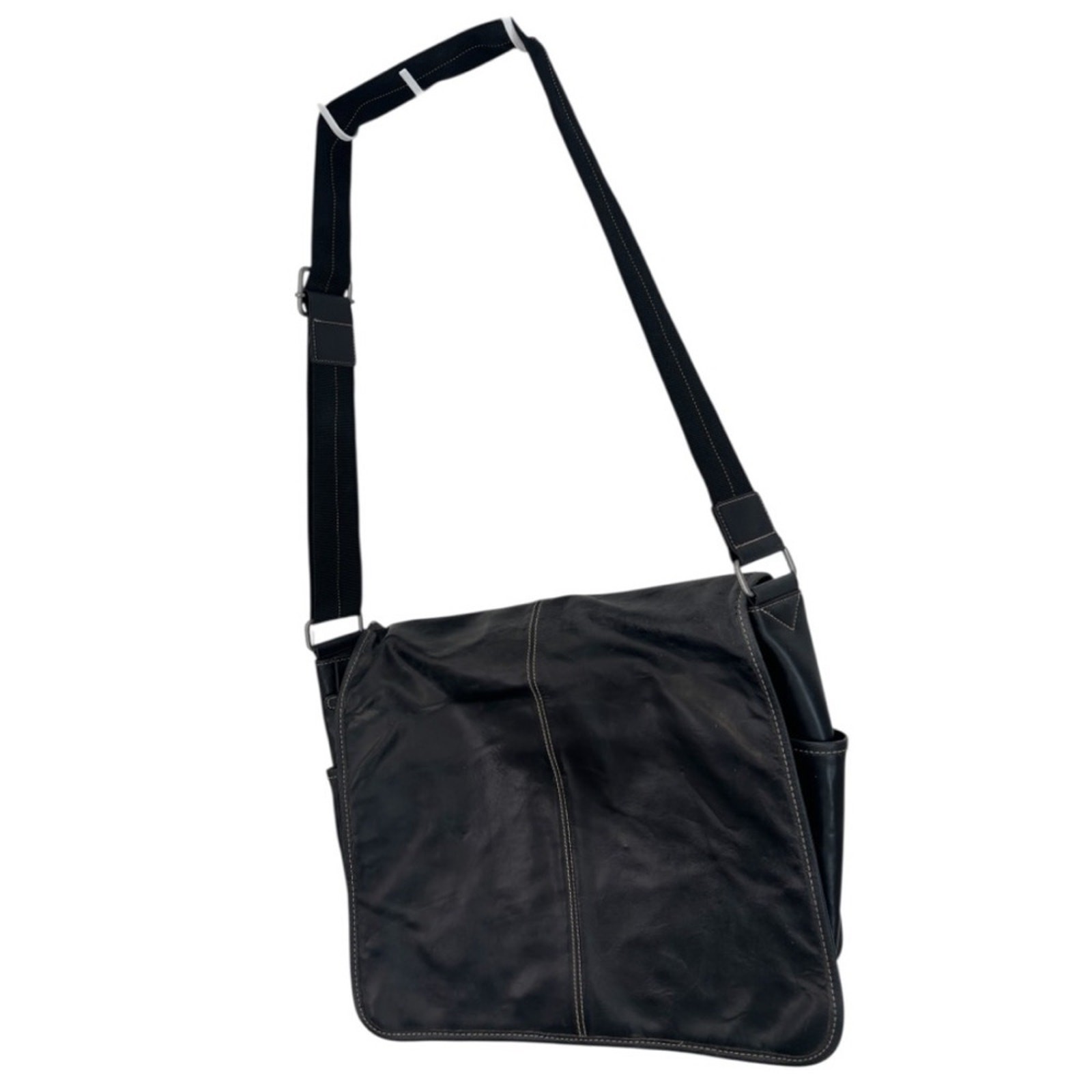NWT Perry Ellis Portfolio Full Flap Black Leather Adjustable Messenger Bag
