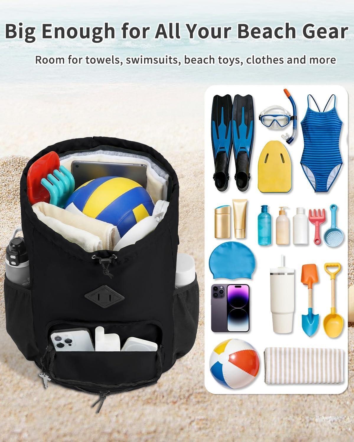 Drawstring Backpack with Removable Wet Pocket, Sandproof Beach Backpack