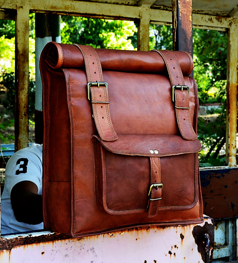 Mens Outdoor Vintage Rucksack Hand-Crafted Real Goat Leather Bag Full Grain New