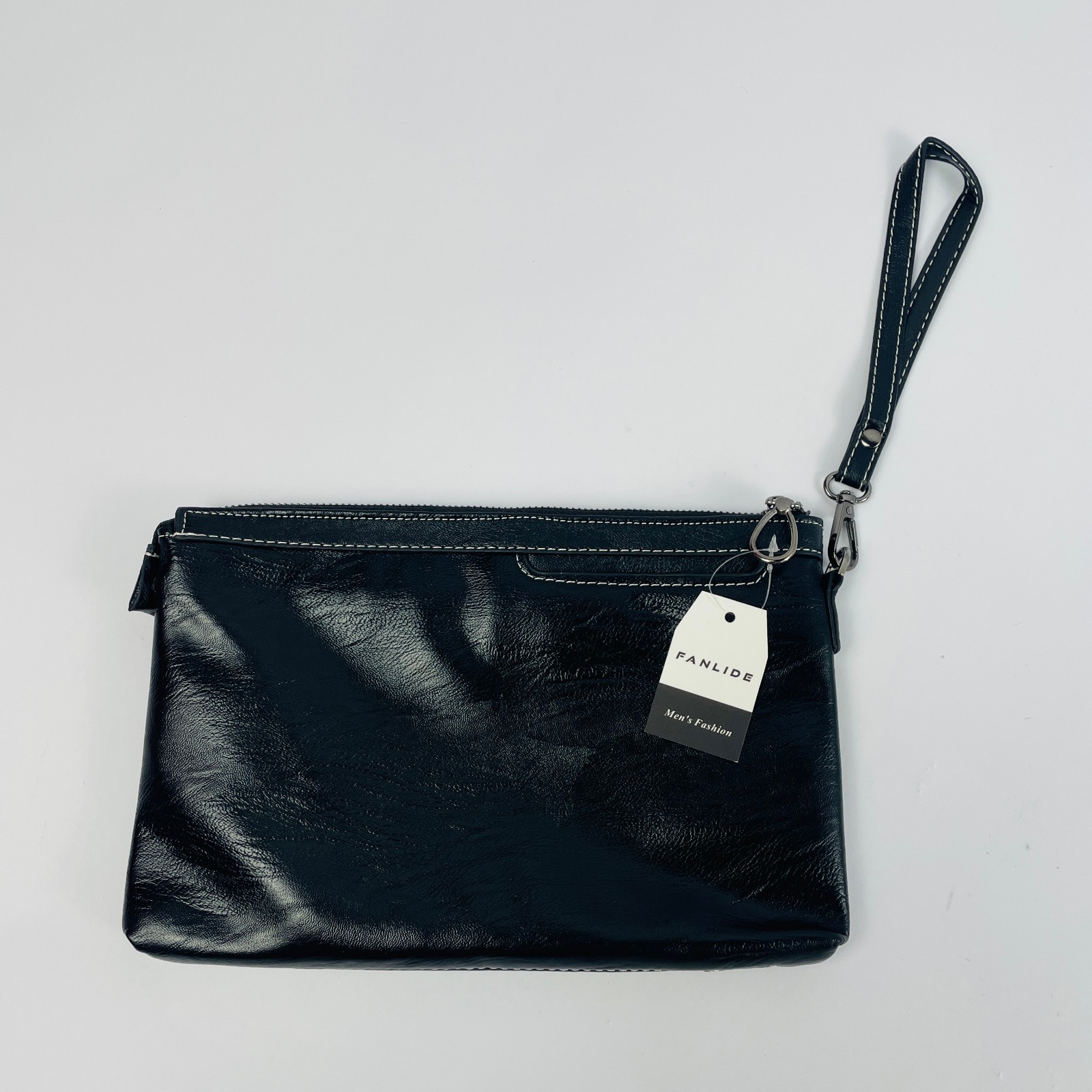 FANLIDE Black Zippered Gentlemen’s Handbag with Detachable Wrist Strap